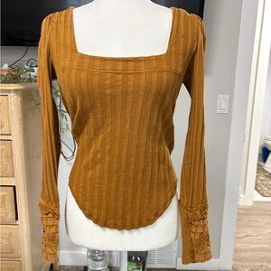 Free People Could I Love U More Long Sleeve Top Sz M Lace Trim Square Neck